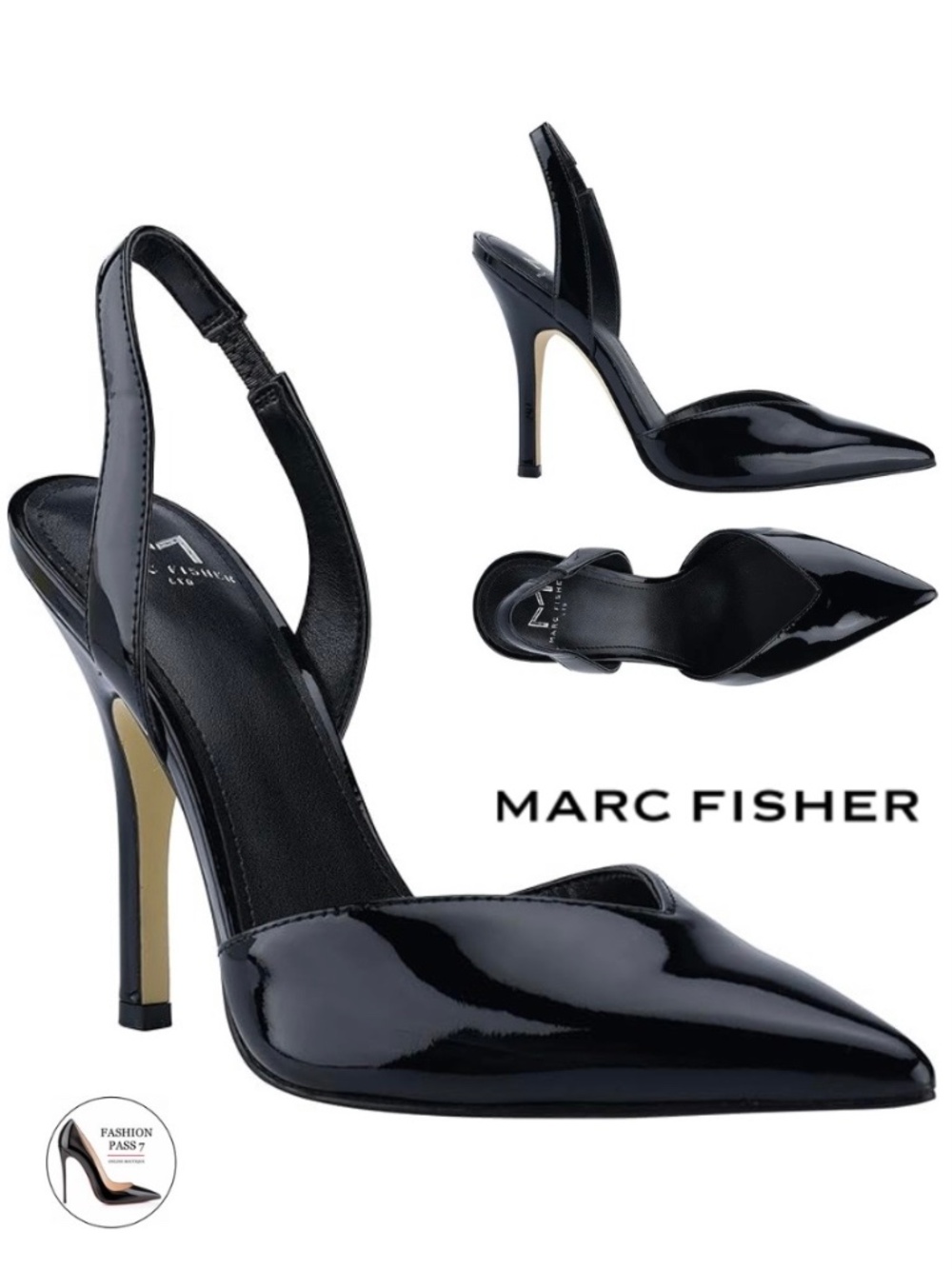 Marc Fisher Fiesty black patent leather pointed toe stiletto heel slingback pump